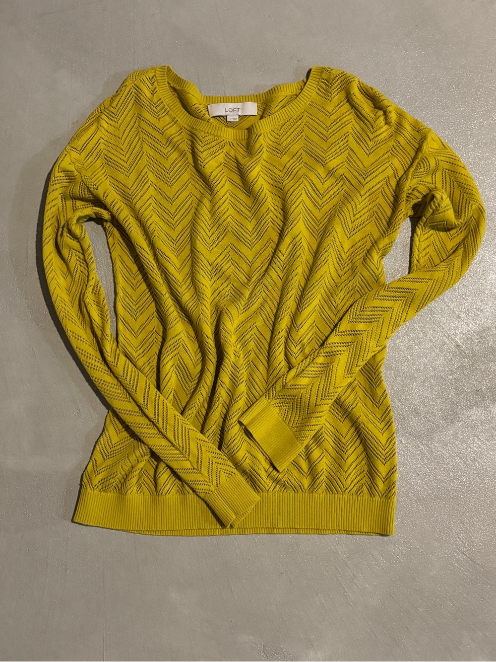 Chartreuse Mustard Chevron Pointelle Knit Sweater Medium Lightweight Open Knit
